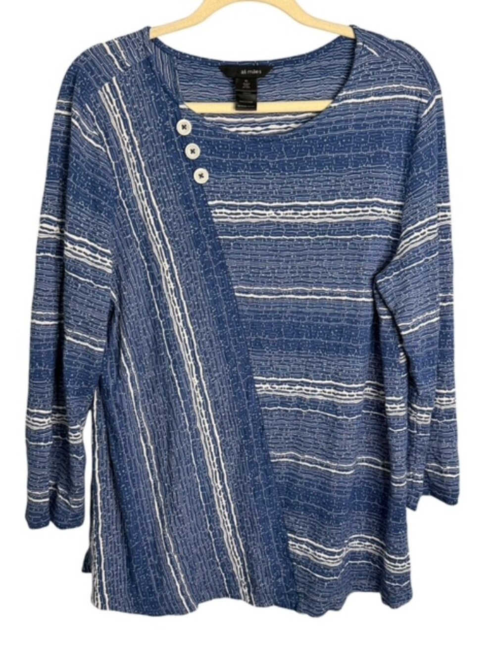 Ali Miles Blouse Women's XL Abstract Artsy Lagenlook Office Blue White